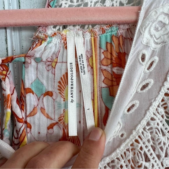 EC Anthropologie Florence Floral Lace Lounge Dress sz L large orange pink white - Picture 14 of 14